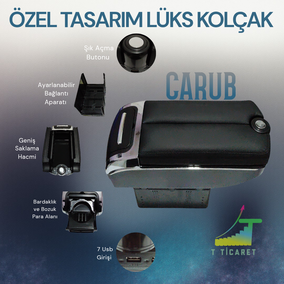 Üniversal Kolçak - Lüks Oto Kol Dayama - 7 USB Girişli