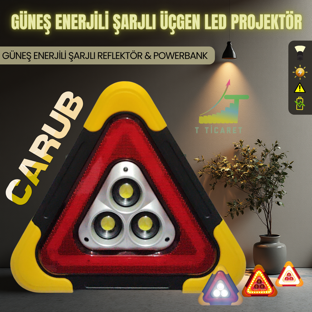 Güneş Enerjili Reflektör , Şarjlı Kamp Lambalı Üçgen Led - 5 Fonksiyonlu - Usb Şarj Girişli