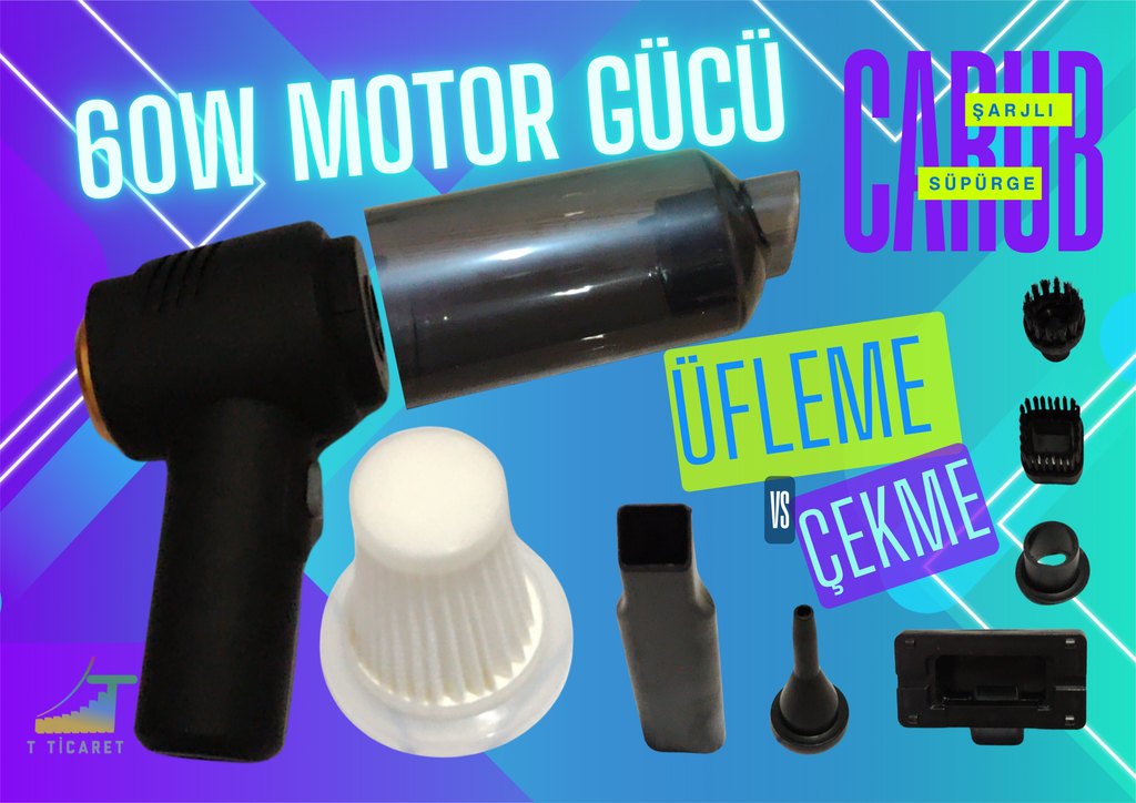 Şarjlı Araç Süpürgesi - Arabada Ve Evde - 60W Motor Gücü - Üfleme Ve Çekme Özellikli - CARUB